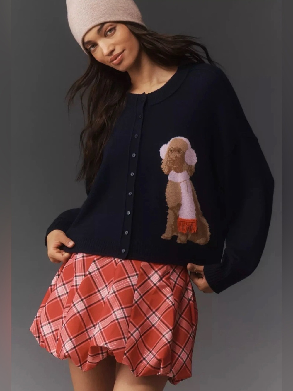 NWT Anthropologie The Goldie Crew Neck Cashmere Blend Dog Cardigan Sweater Sz M